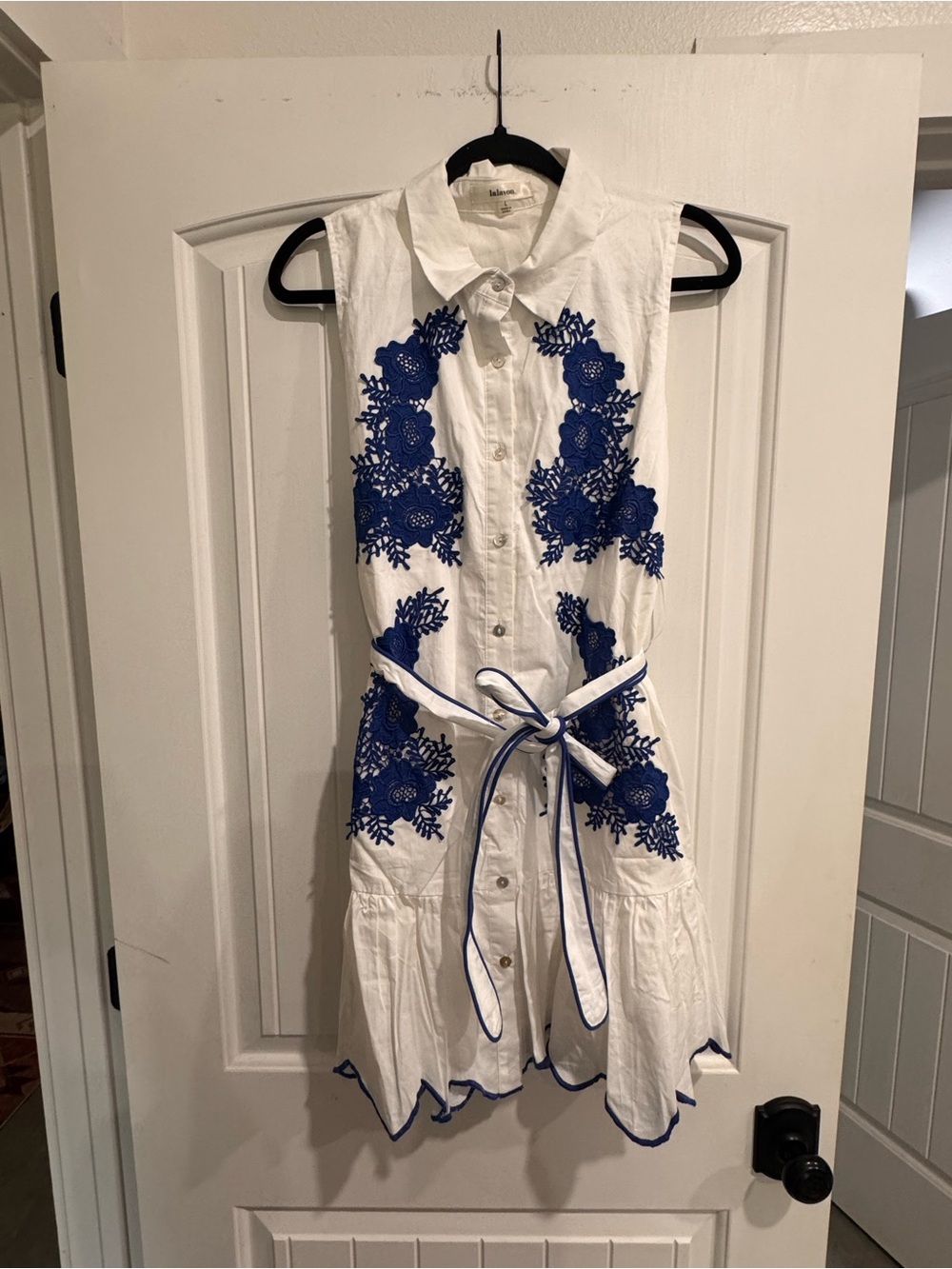 Sleeveless White Dress with Blue Floral Embroidery - Kids